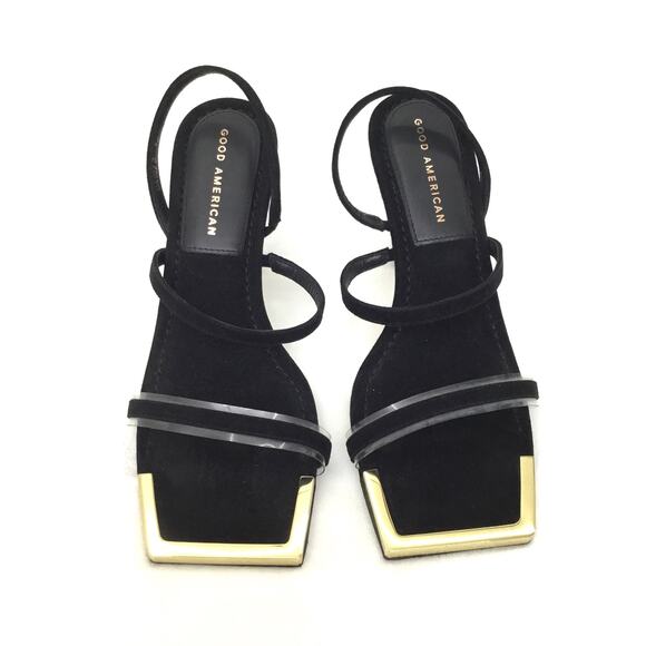 Good American Suede Strappy Heels Gold Square Toe Black Sz 6.5 - Picture 2 of 6